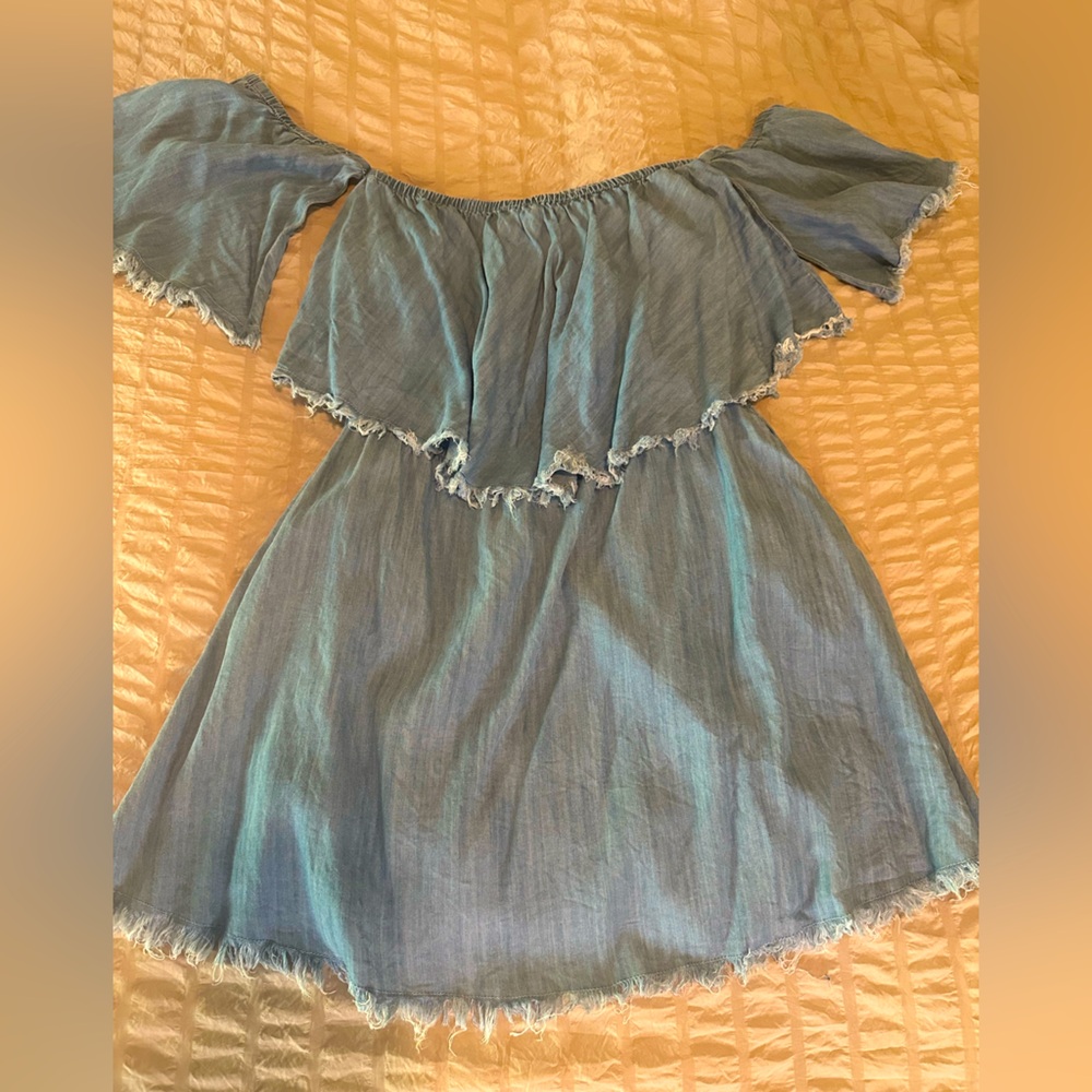 Off the Shoulder - Chambray Denim with Frayed Edges- sundress
